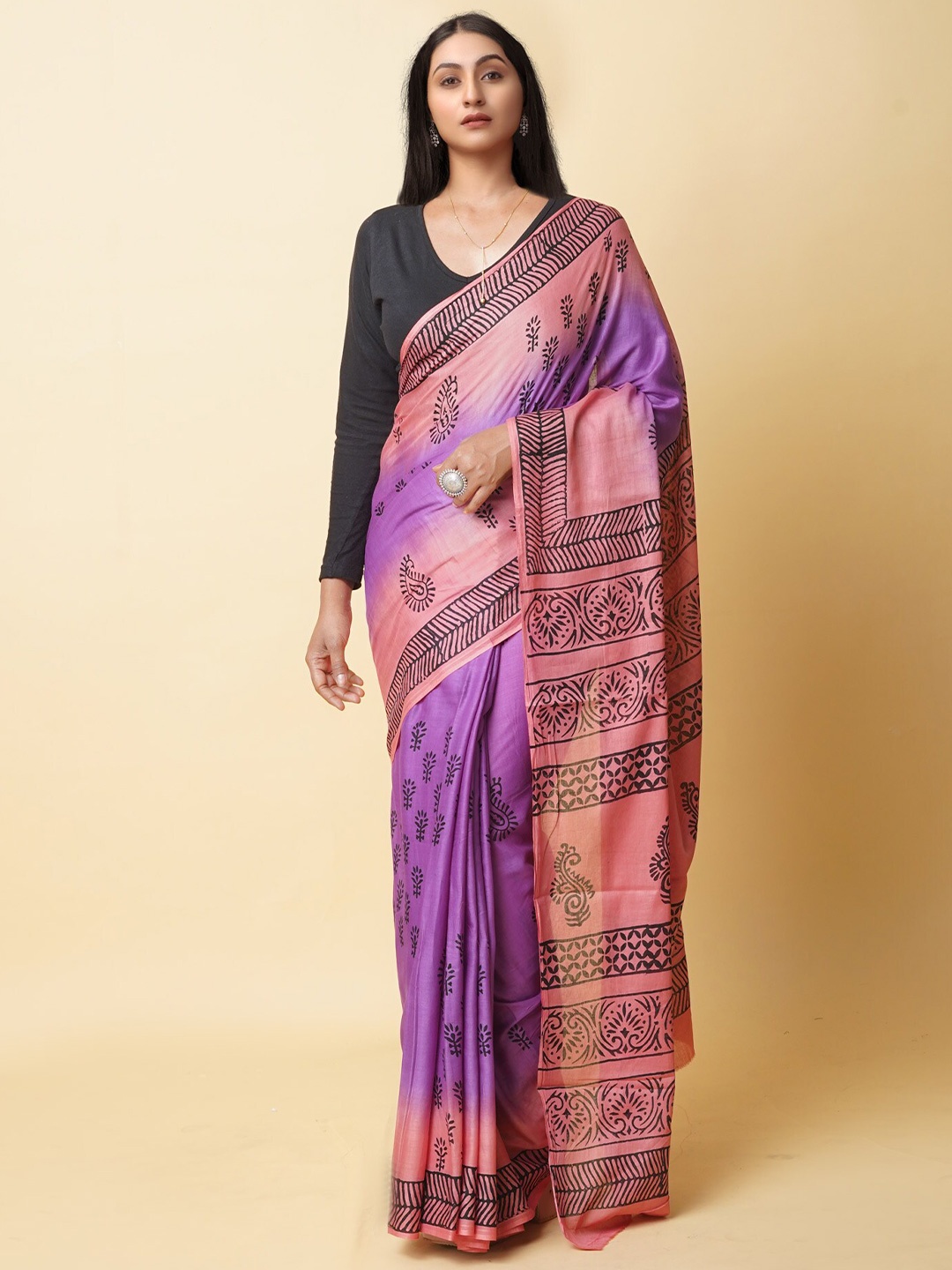 

Unnati Silks Ethnic Motifs Pure Cotton Block Print Saree, Purple