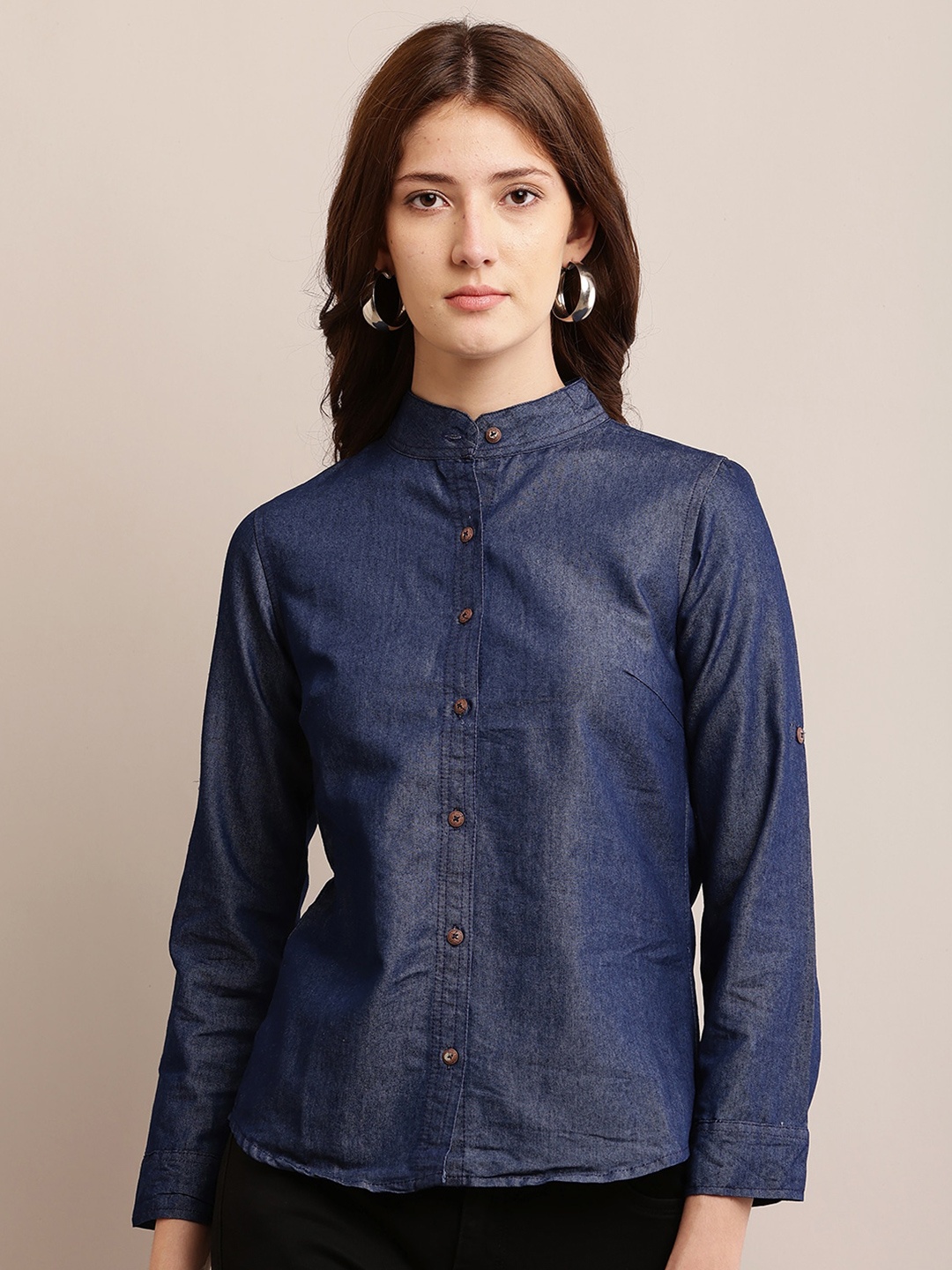 

NoBarr Mandarin Collar Shirt Style Top, Blue