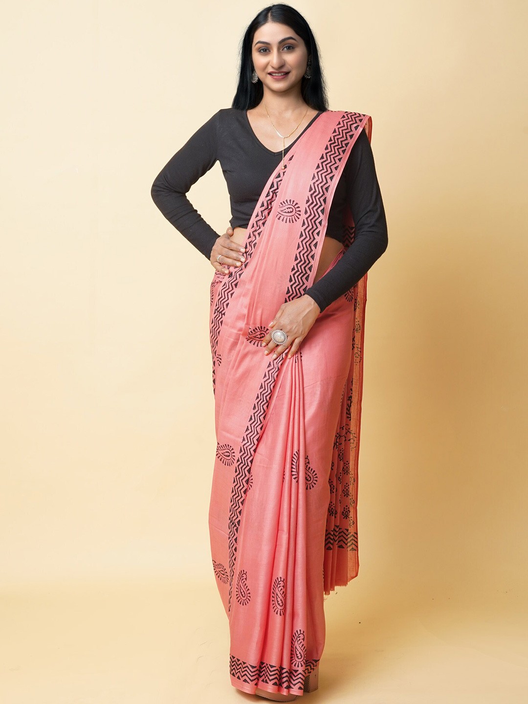 

Unnati Silks Ethnic Motifs Pure Cotton Handloom Block Print Saree, Peach