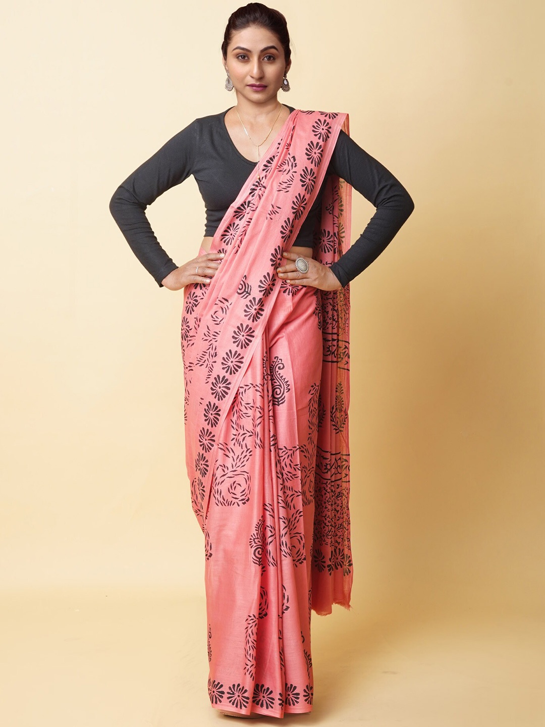 

Unnati Silks Floral Printed Pure Cotton Block Print Saree, Peach