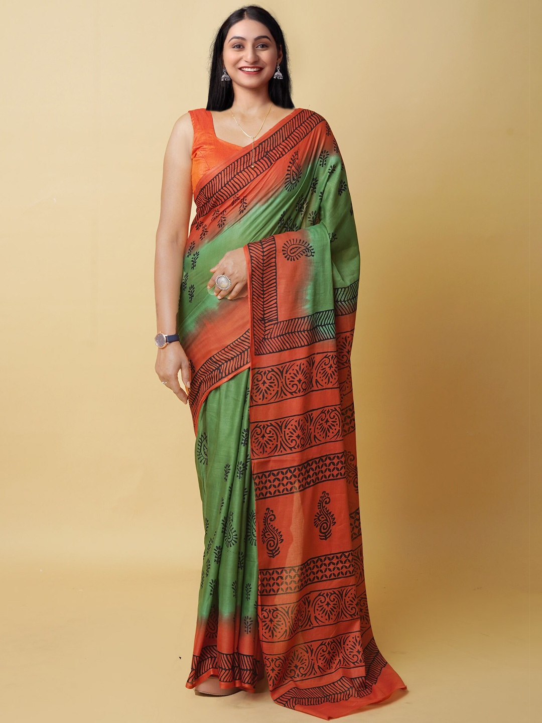 

Unnati Silks Ethnic Motifs Pure Cotton Handloom Block Print Saree, Green