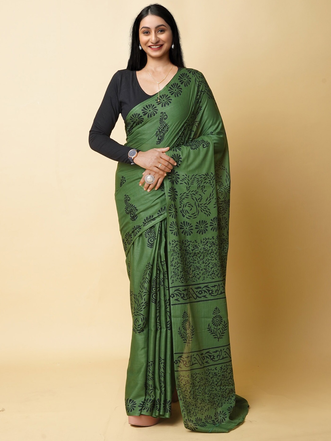 

Unnati Silks Floral Printed Pure Cotton Block Print Saree, Green