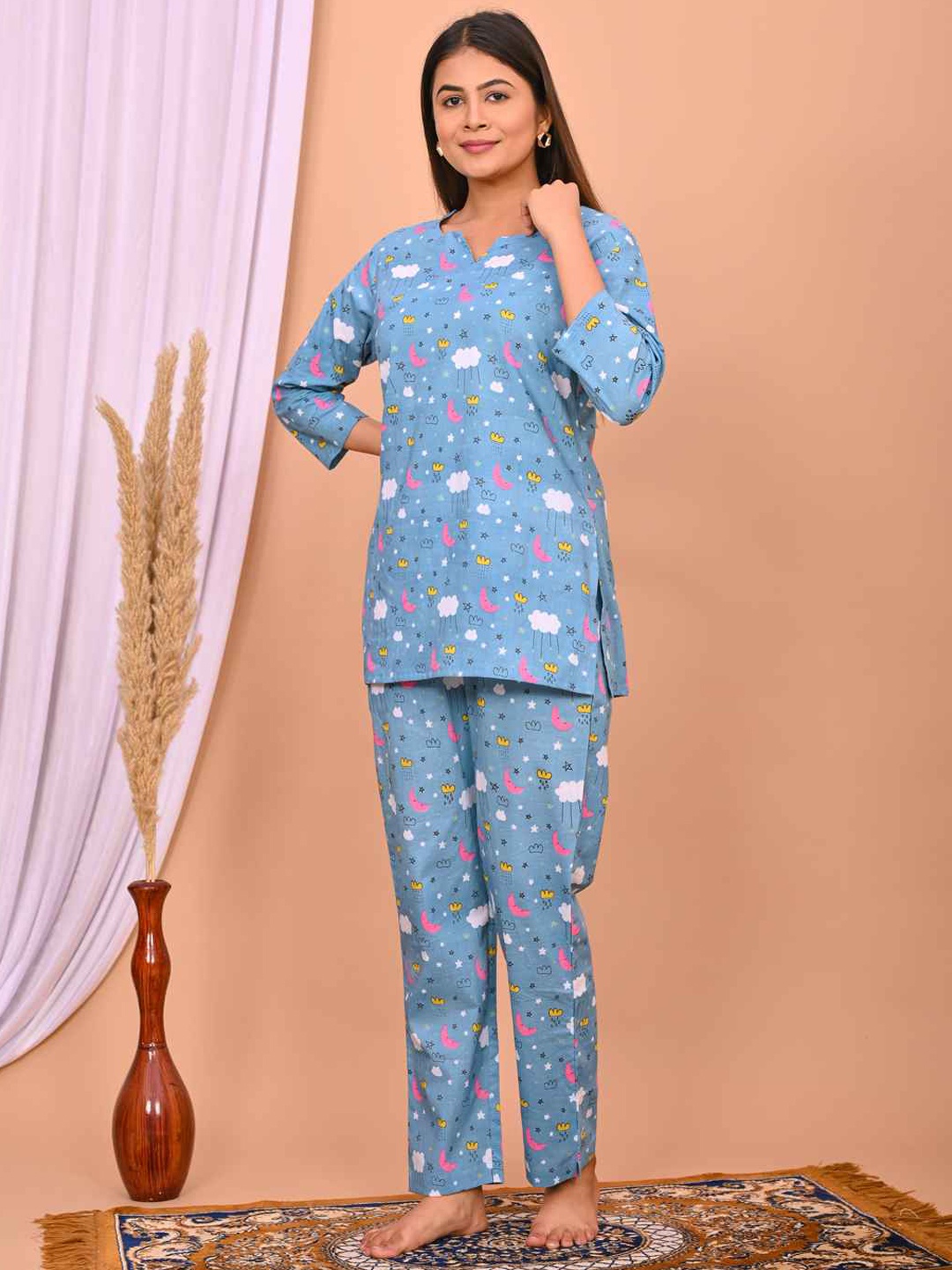 

DHANOTA Geometric Printed Pure Cotton Night Suit, Blue