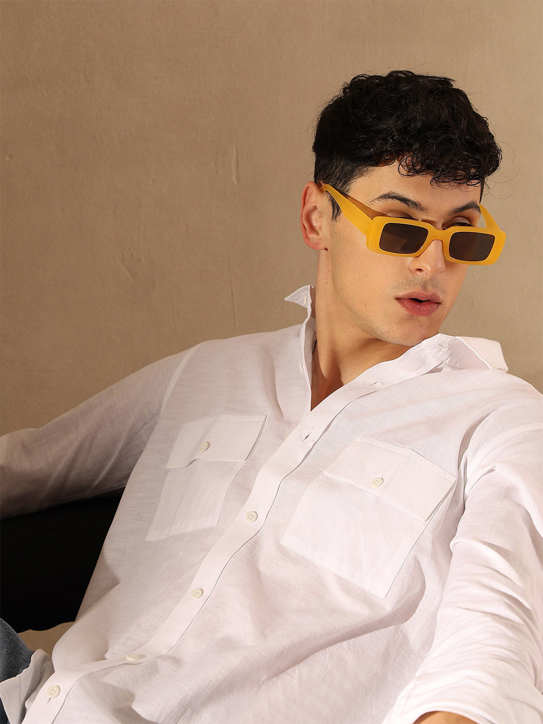 

DENNISON Smart Spread Collar Cotton Linen Casual Shirt, White