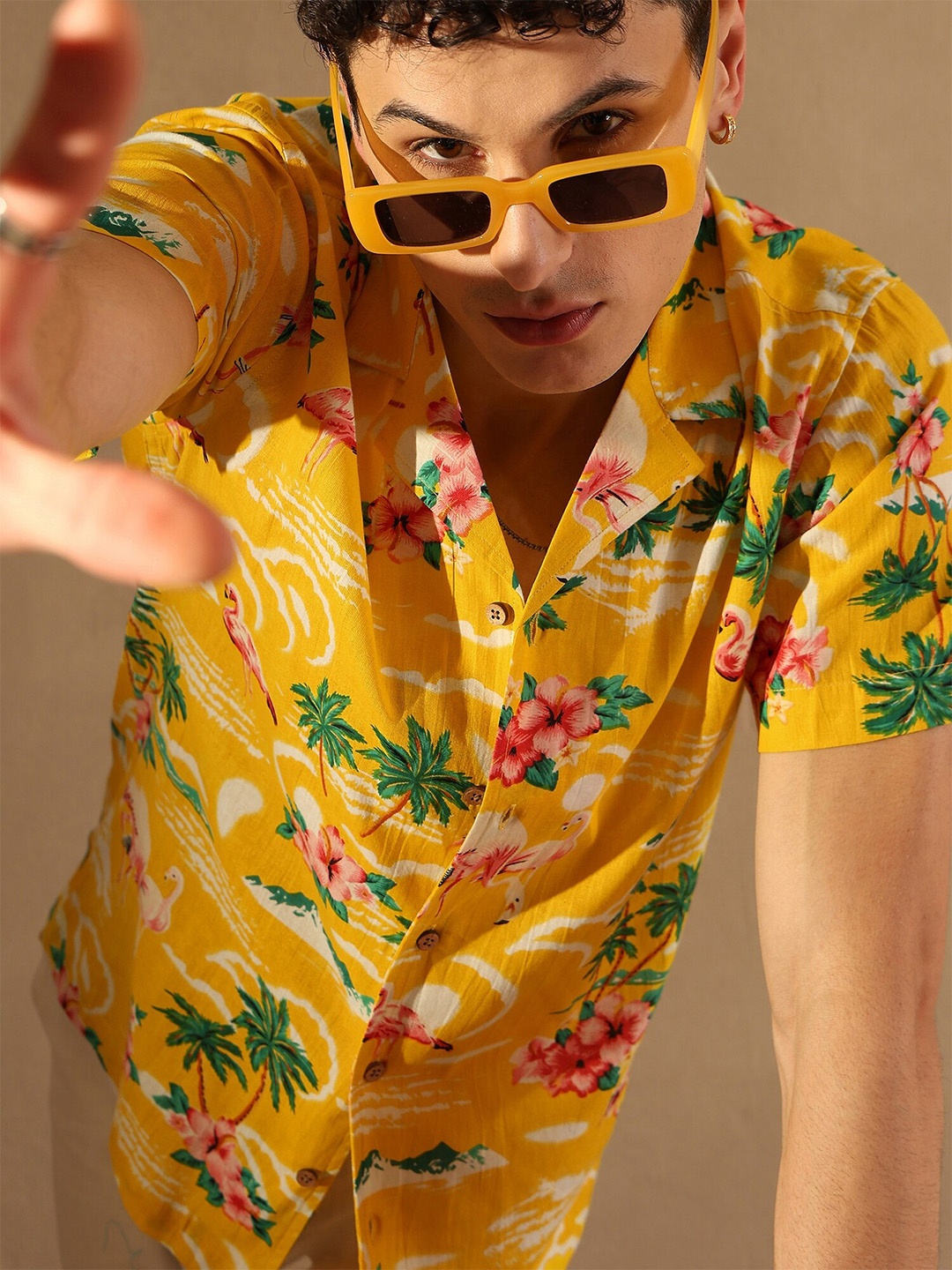 

DENNISON Tropical Printed Oversized Casual Shirt, Mustard