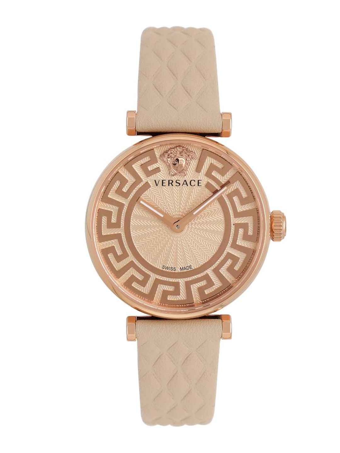 

Versace Women Brass Embellished Dial & Leather Textured Straps Analogue Watch VE1CA0323, Beige