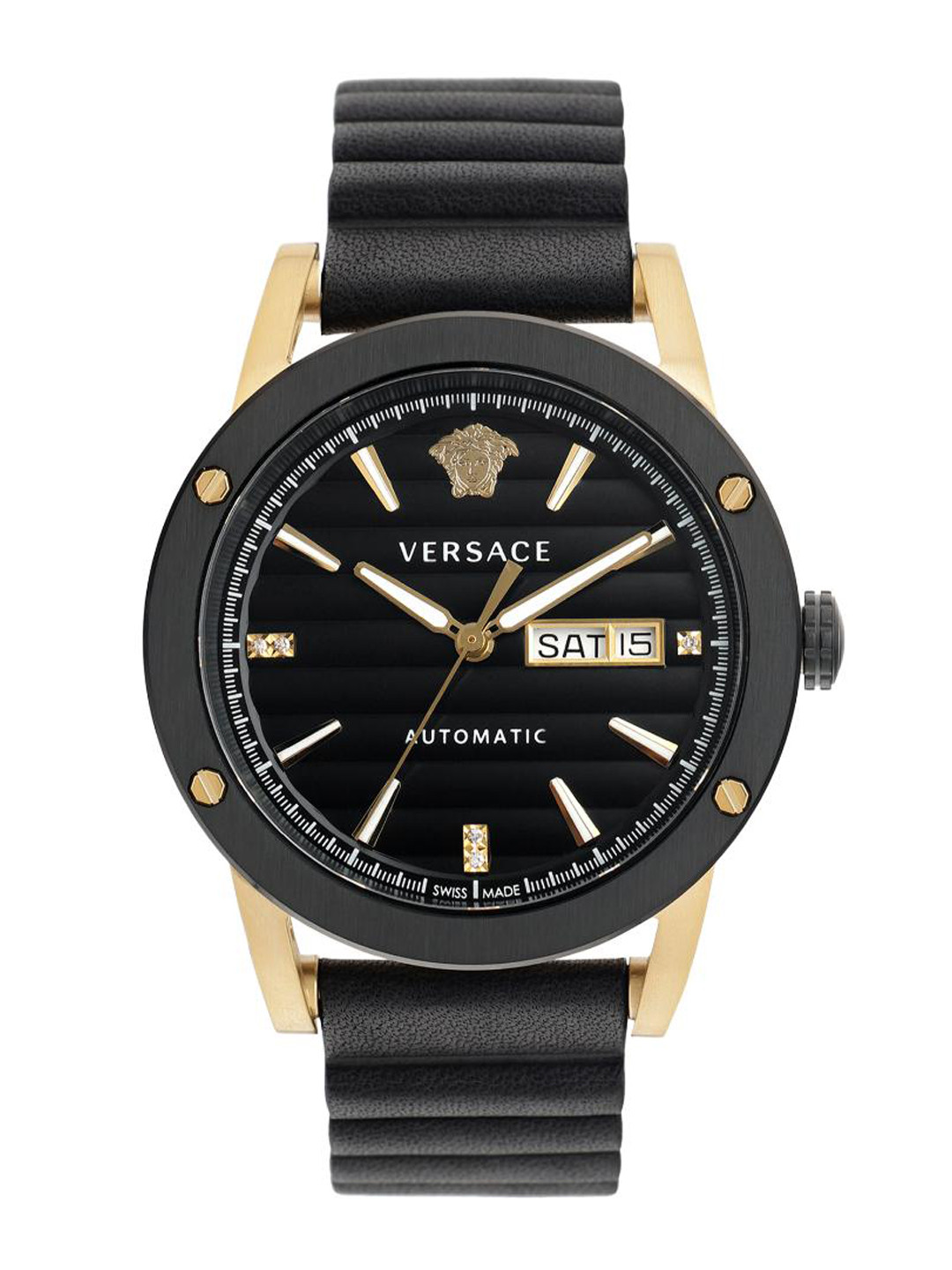 

Versace Men Brass Dial & Leather Bracelet Style Straps Analogue Watch VEDX00719, Black