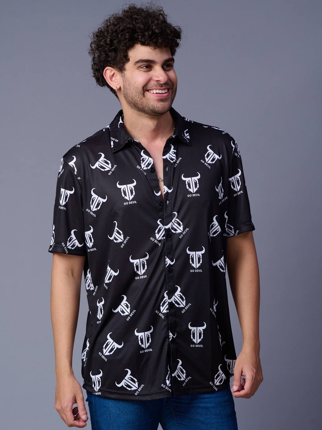 

GO DEVIL Men Opaque Printed Casual Shirt, Black