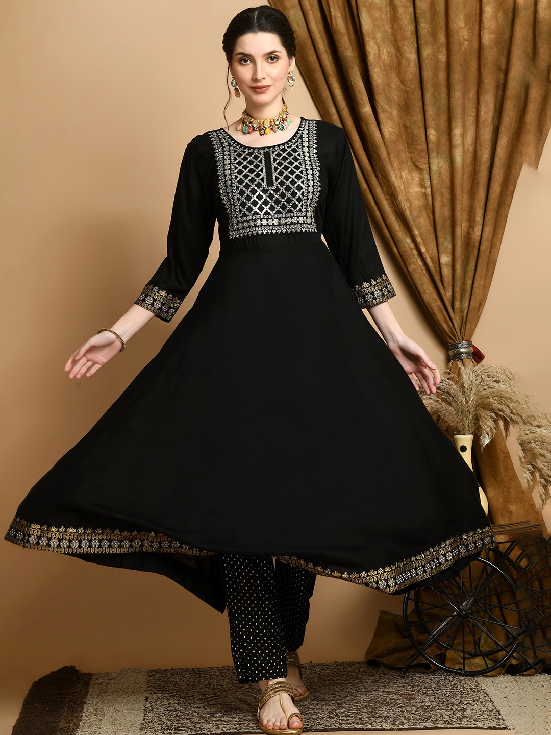 

KALINI Floral Embroidered Round Neck Anarkali Kurta with Trousers & Dupatta, Black