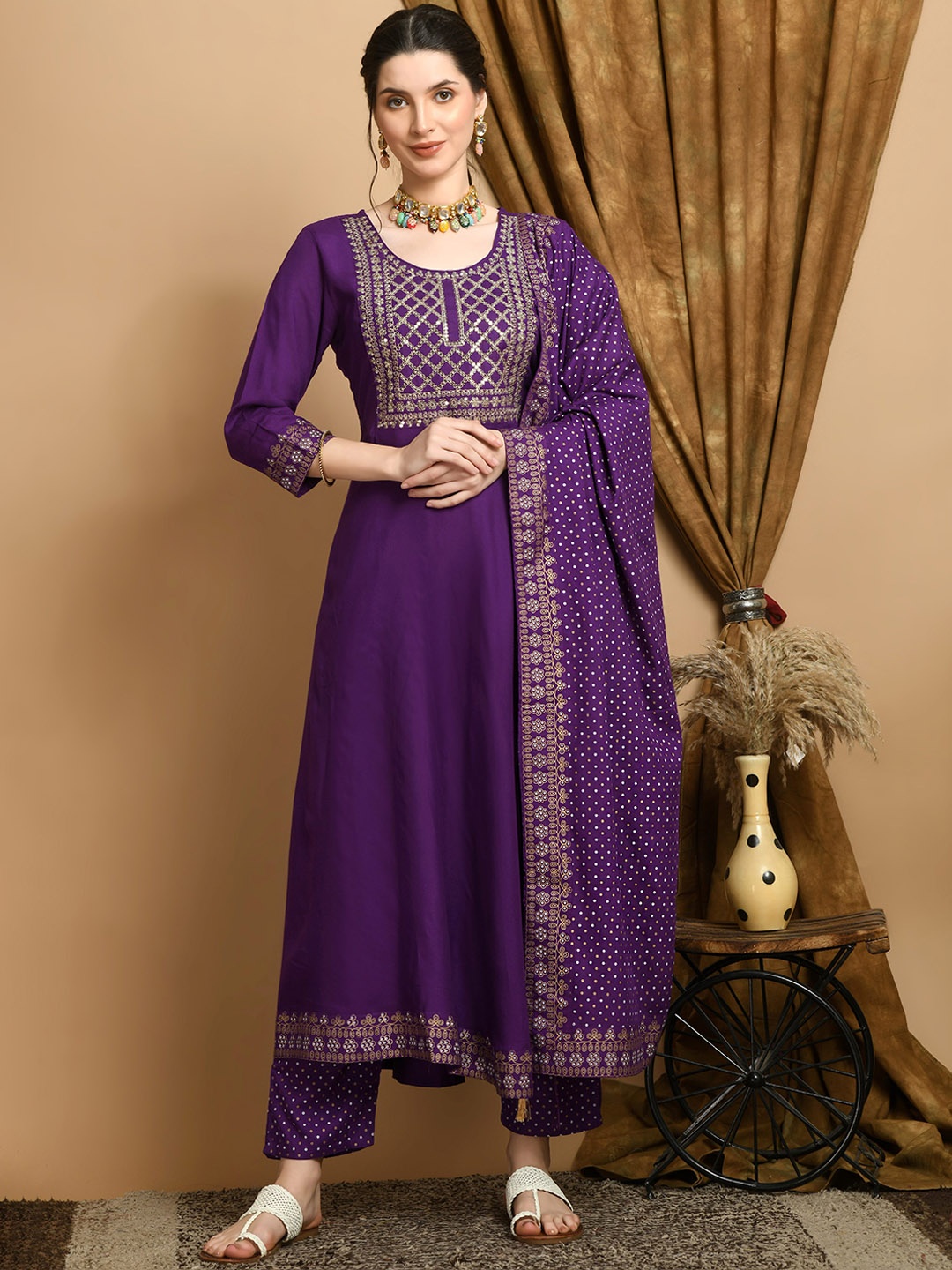 

KALINI Yoke Design Sequinned Kurta With Trouser & Dupatta, Purple