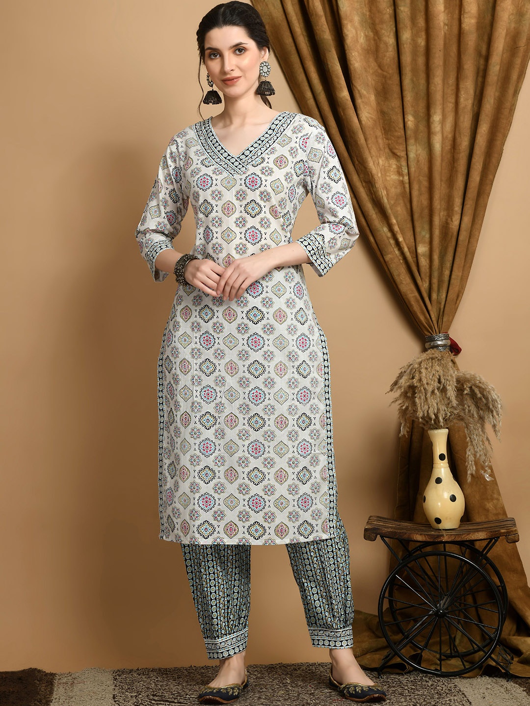 

KALINI Floral Printed Regular Pure Cotton Kurta With Trouser & Dupatta, White