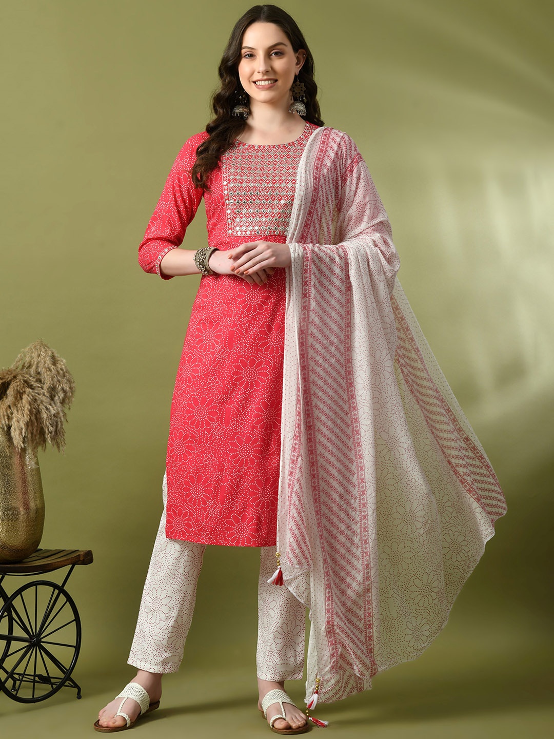 

KALINI Floral Printed Mirror Work Kurta With Trouser & Dupatta, Pink