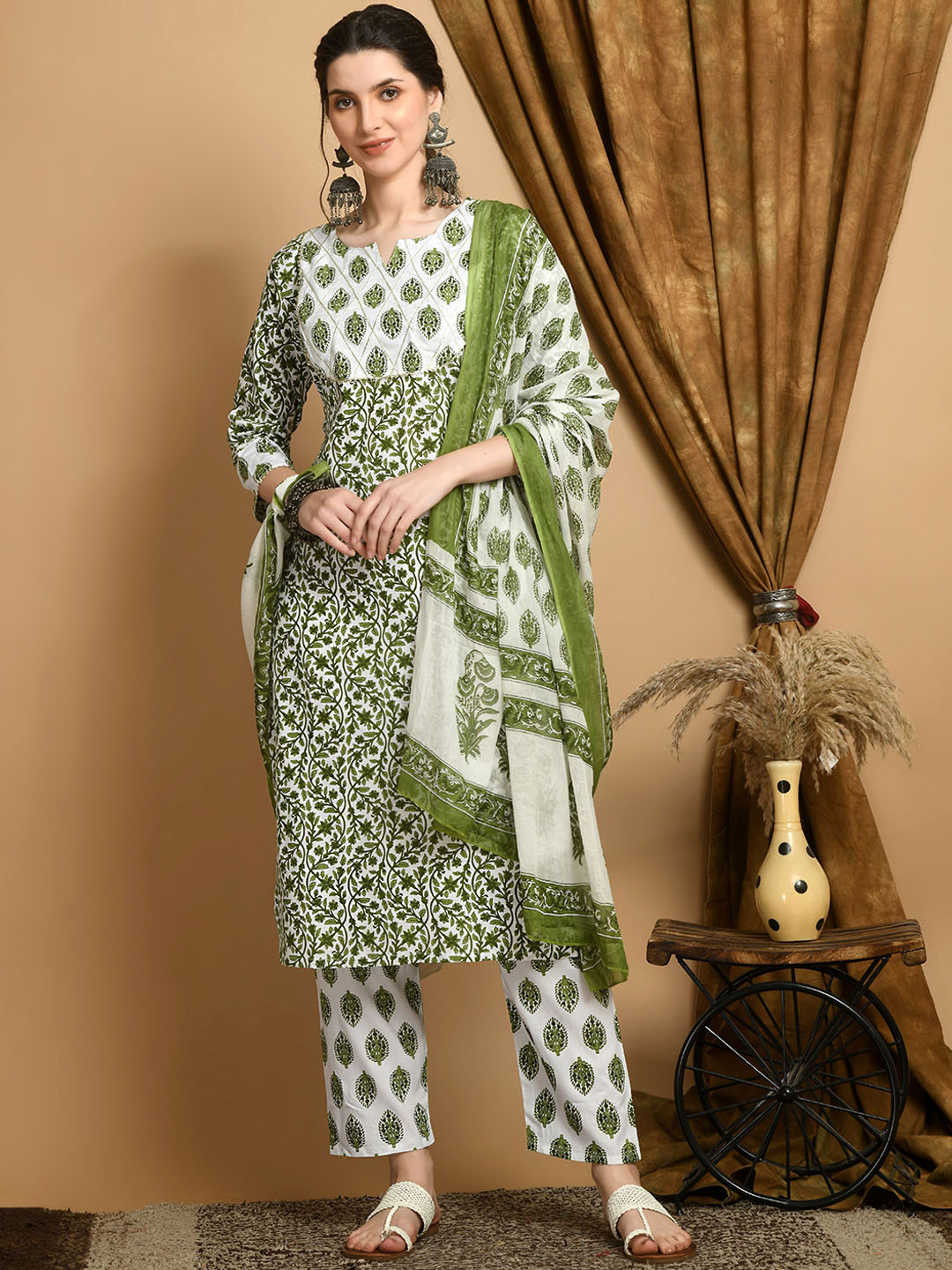 

KALINI Floral Printed Round Neck Gotta Patti Kurta with Trousers & Dupatta, Green