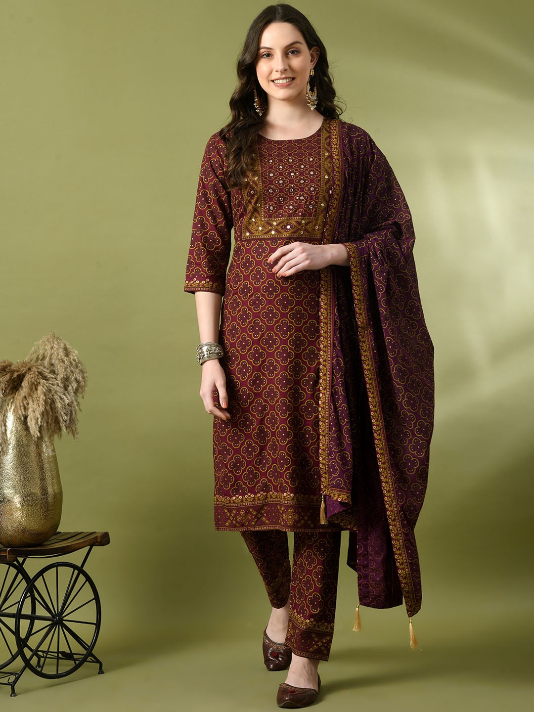 

KALINI Ethnic Motifs Printed Regular Mirror Work Straight Kurta with Trousers & Dupatta, Maroon