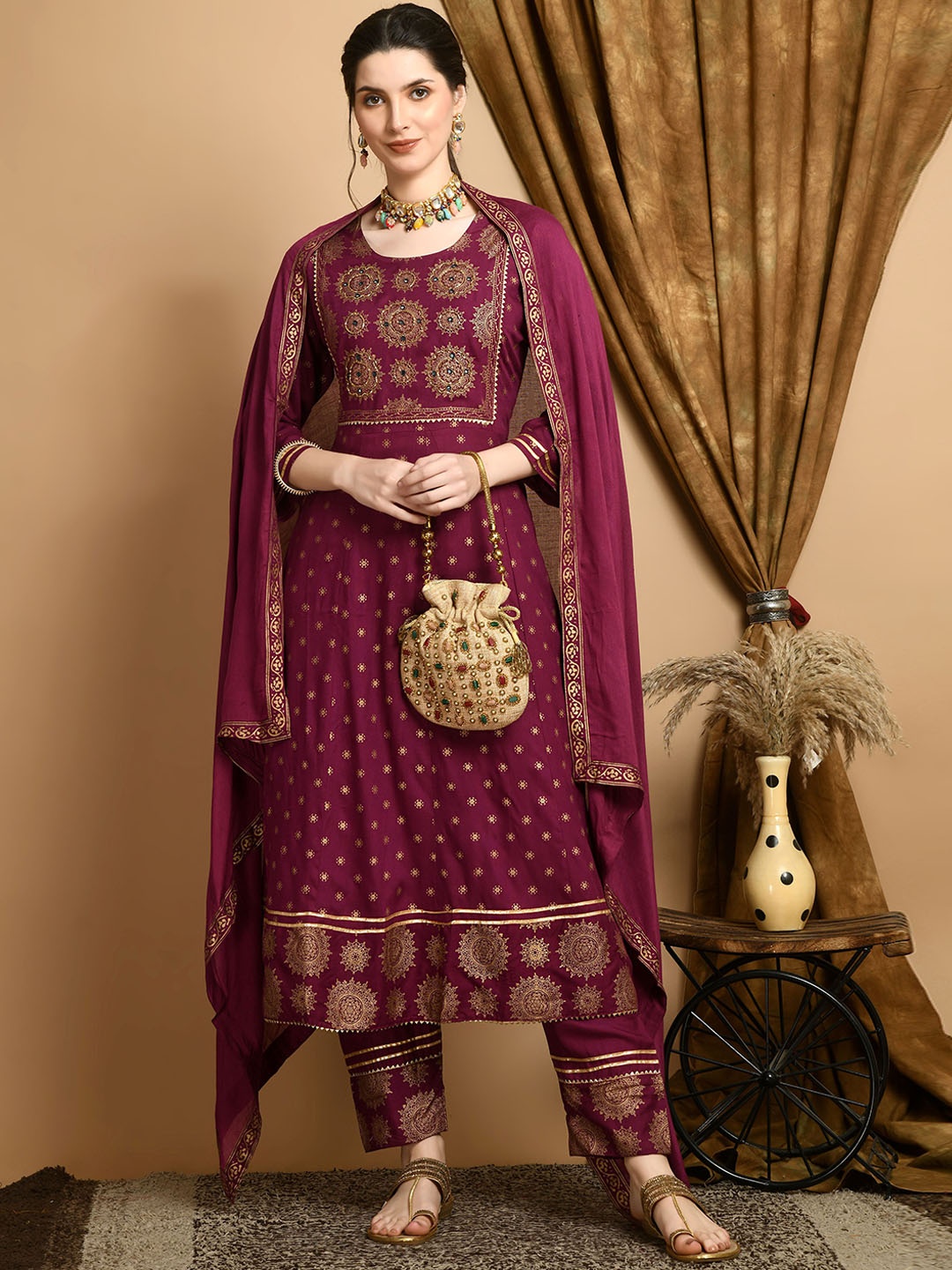 

KALINI Ethnic Motifs Printed Empire Mirror Work Kurta with Trousers & Dupatta, Maroon