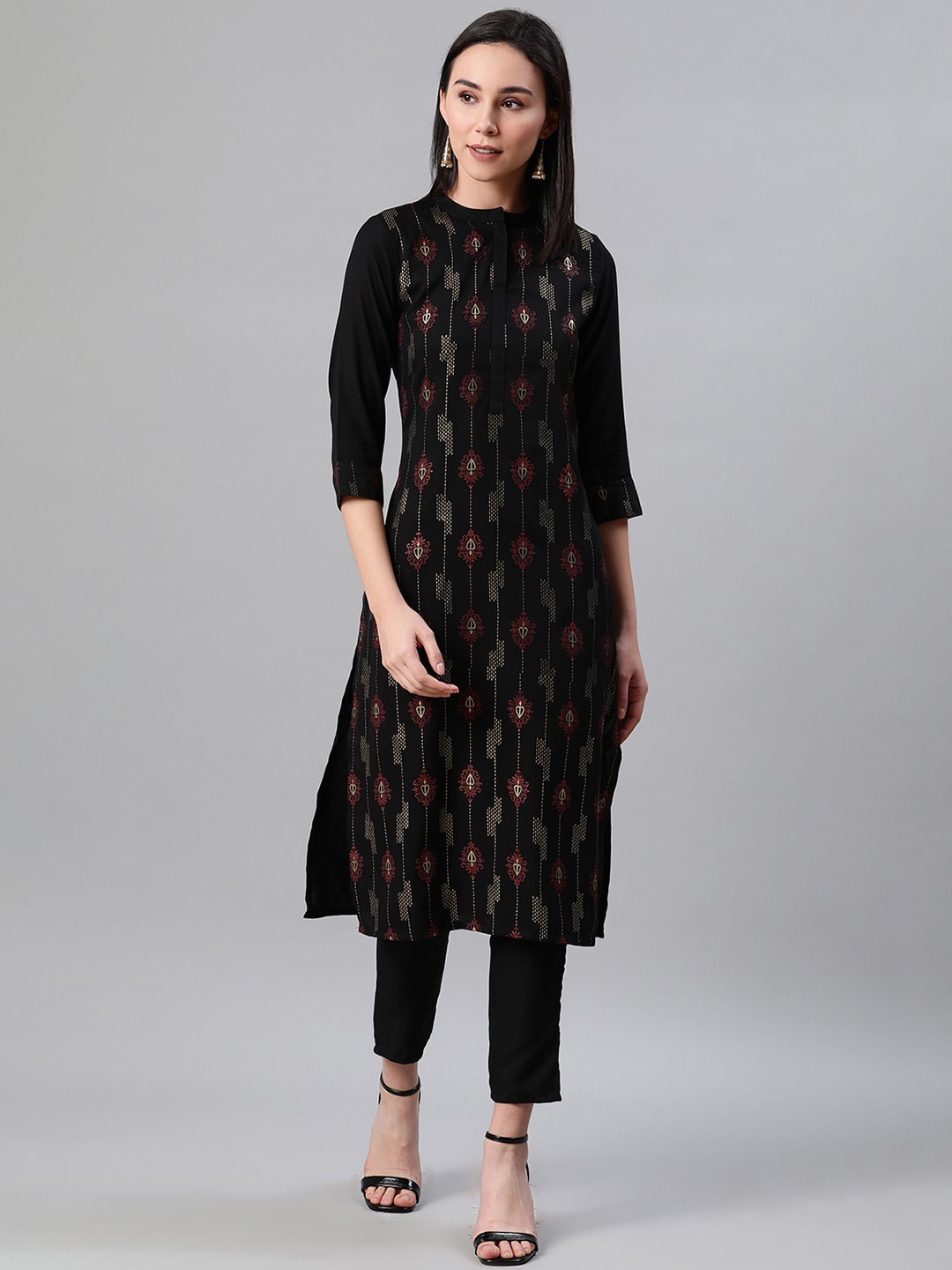 

KALINI Women Flared Sleeves Thread Work Kurta, Black