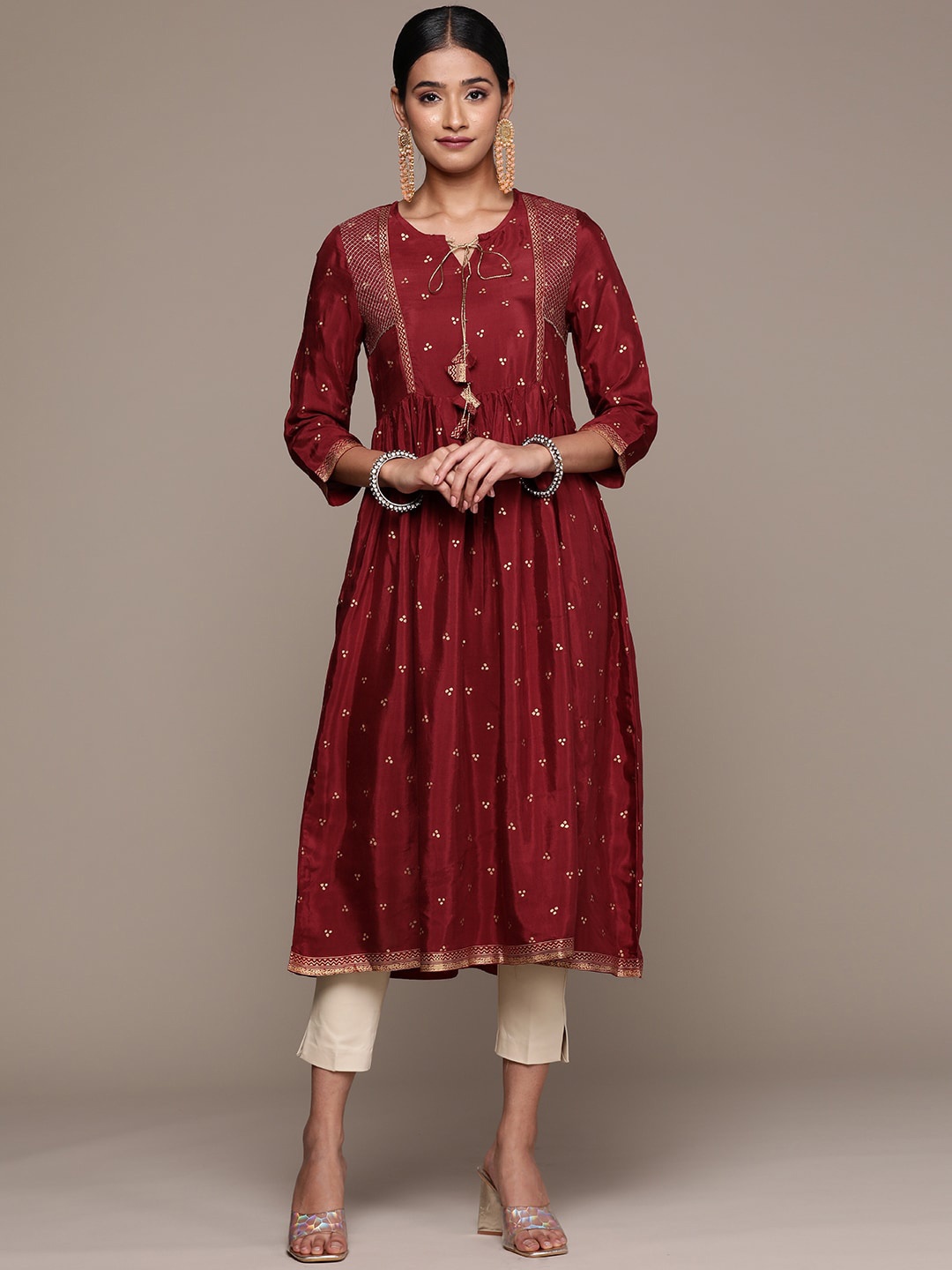 

KALINI Women Ethnic Motifs Printed Sequinned Kurta, Maroon