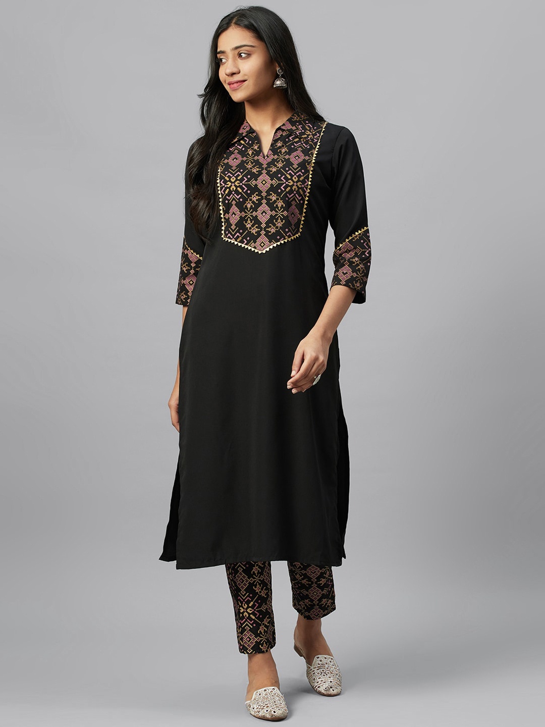 

KALINI Women Ethnic Motifs Yoke Design Flared Sleeves Thread Work Crepe Kurta, Black