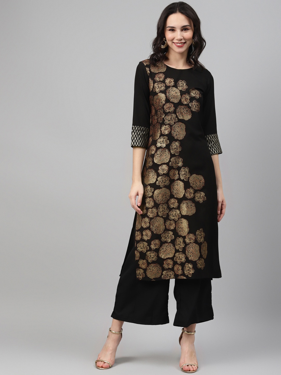 KALINI Women Ethnic Motifs Printed Flared Sleeves Mirror Work Crepe Kurta, Black