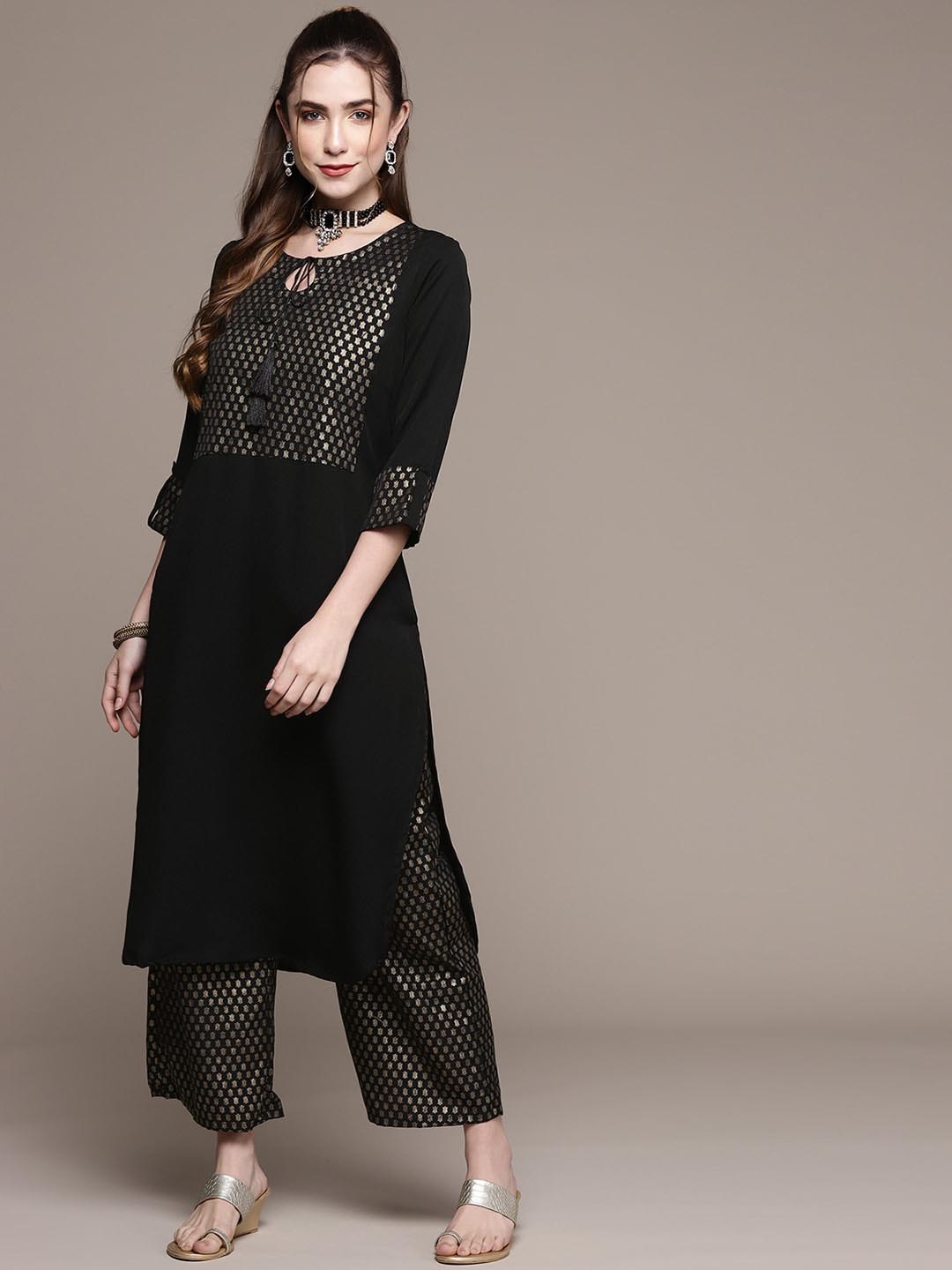 

KALINI Women Yoke Design Keyhole Neck Flared Sleeves Sequinned Crepe Kurta, Black