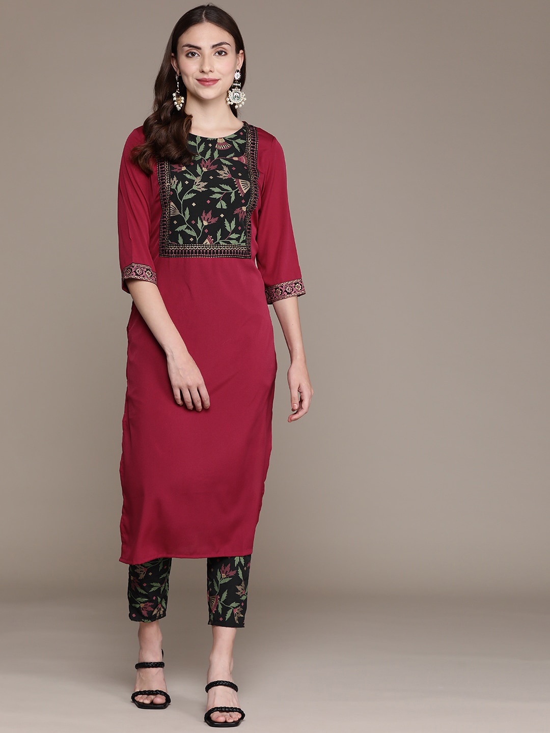 

KALINI Women Yoke Design Keyhole Neck Thread Work Crepe Kurta, Pink