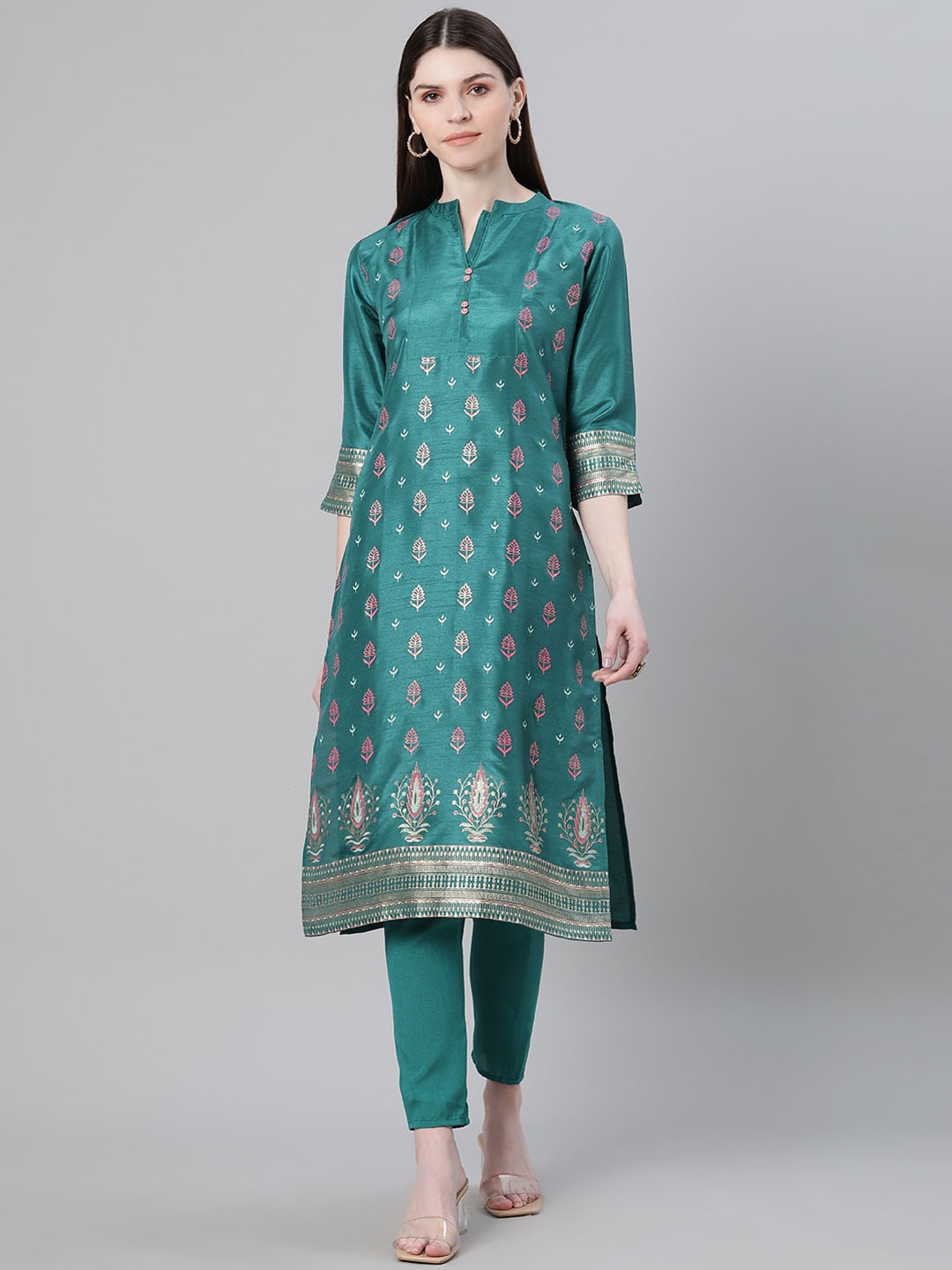 

KALINI Women Ethnic Motifs Printed Keyhole Neck Flared Sleeves Sequinned Kurta, Green