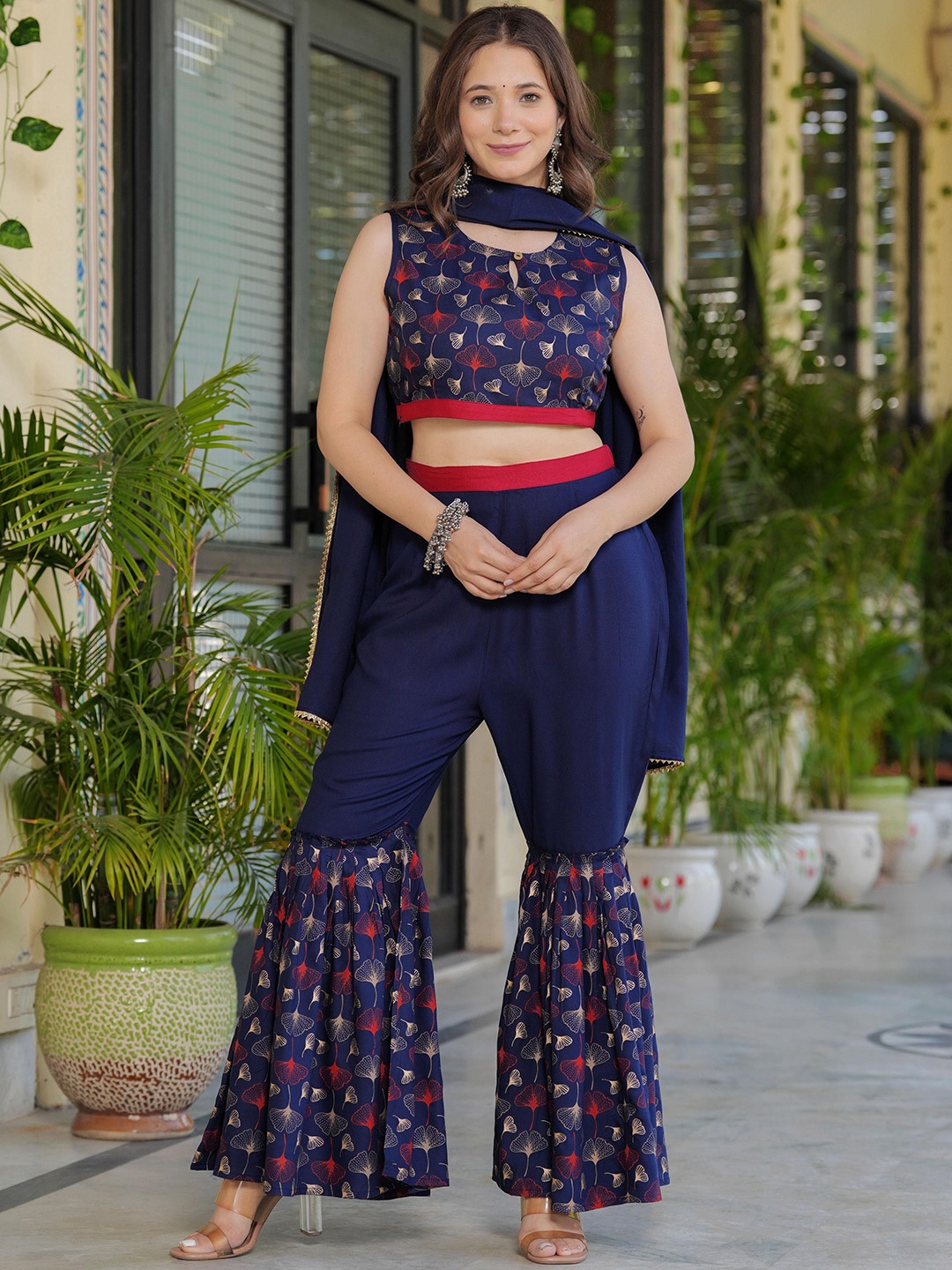 

PURSHOTTAM WALA Floral Printed Top with Sharara & Dupatta, Blue