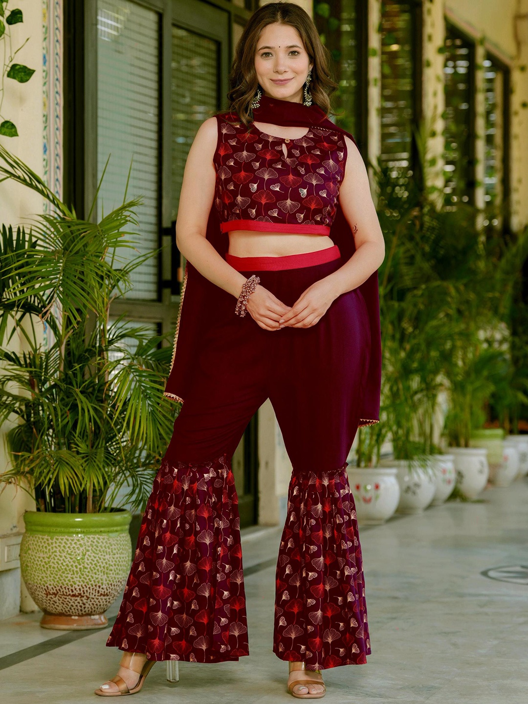 

PURSHOTTAM WALA Floral Printed Top with Sharara & Dupatta, Maroon