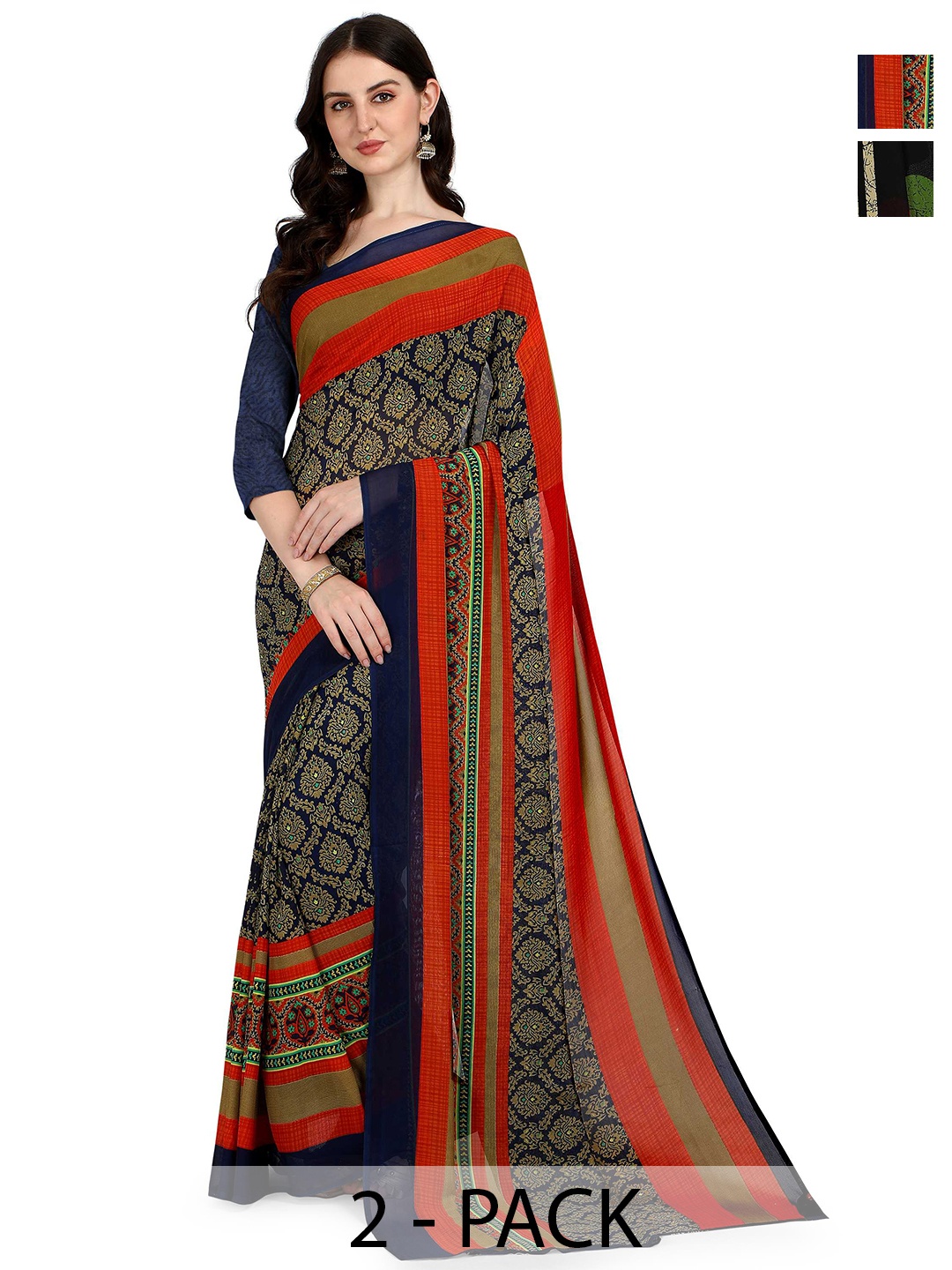 

ANAND SAREES Selection Of 2 Floral Printed Sarees, Red