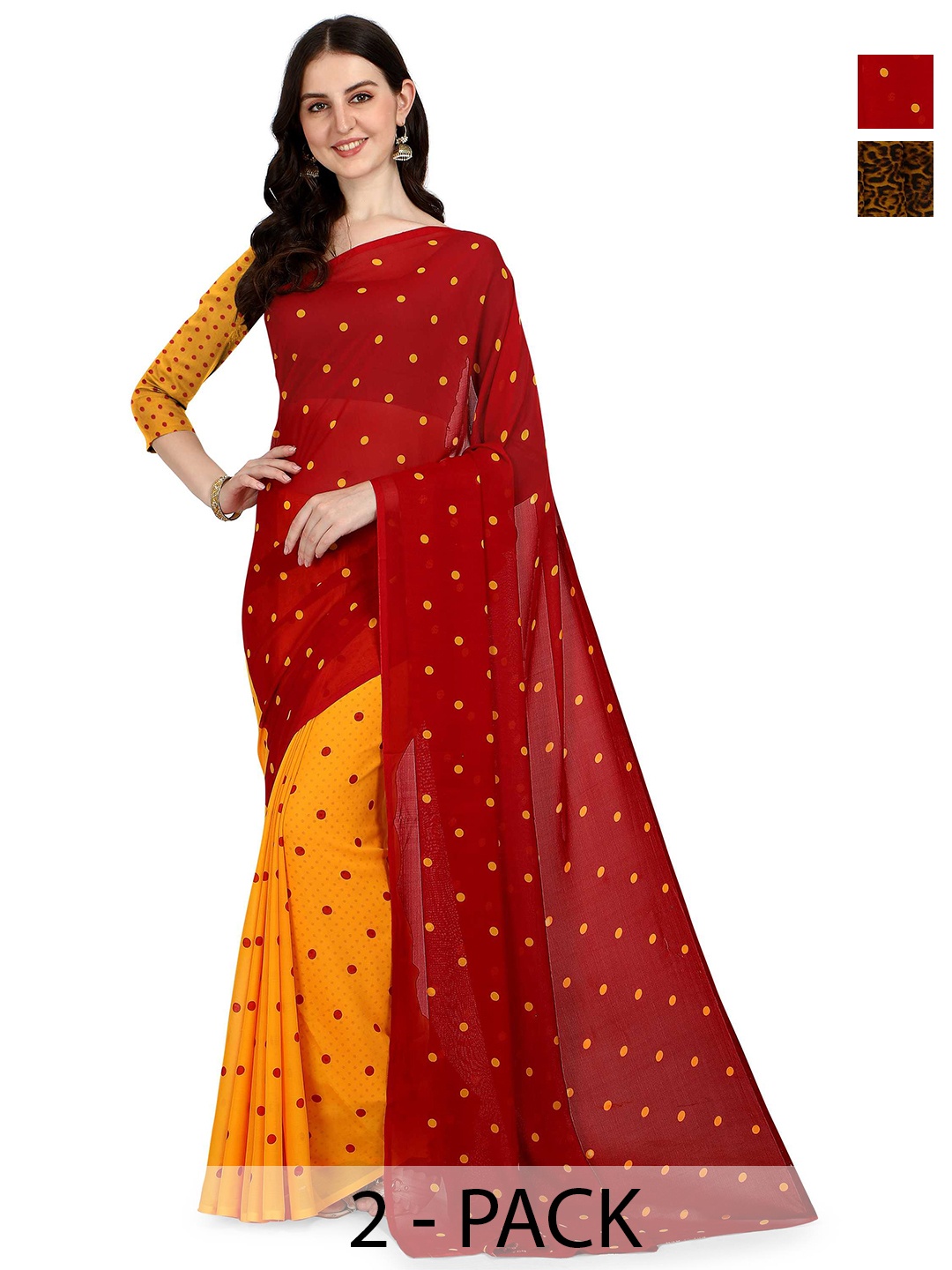 

ANAND SAREES Selection Of 2 Polka Dot Printed Half and Half Saree, Maroon