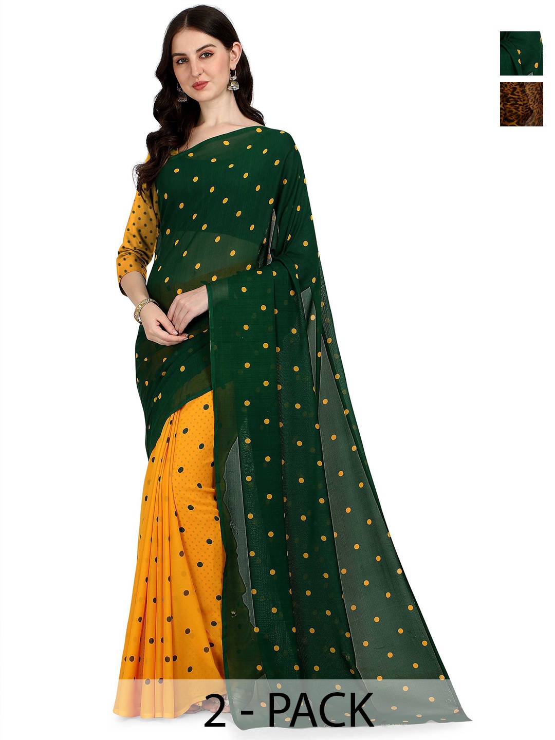 

ANAND SAREES Selection Of 2 Polka Dots Printed Sarees, Green