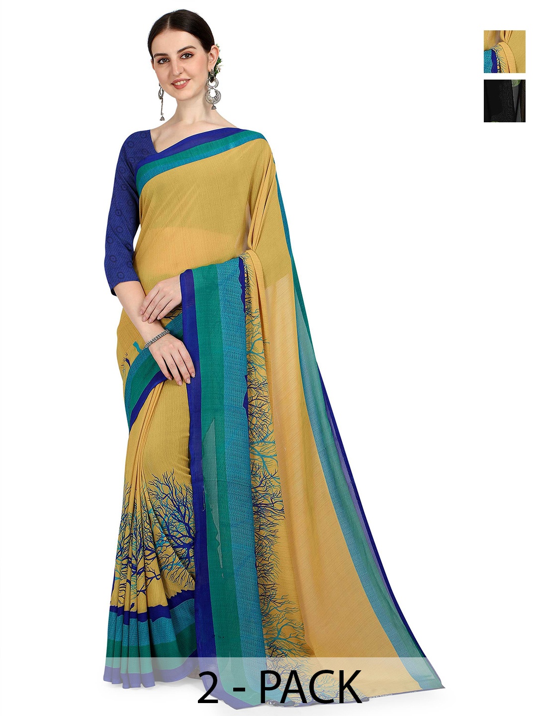 

ANAND SAREES Selection Of 2 Floral Printed Sarees, Yellow