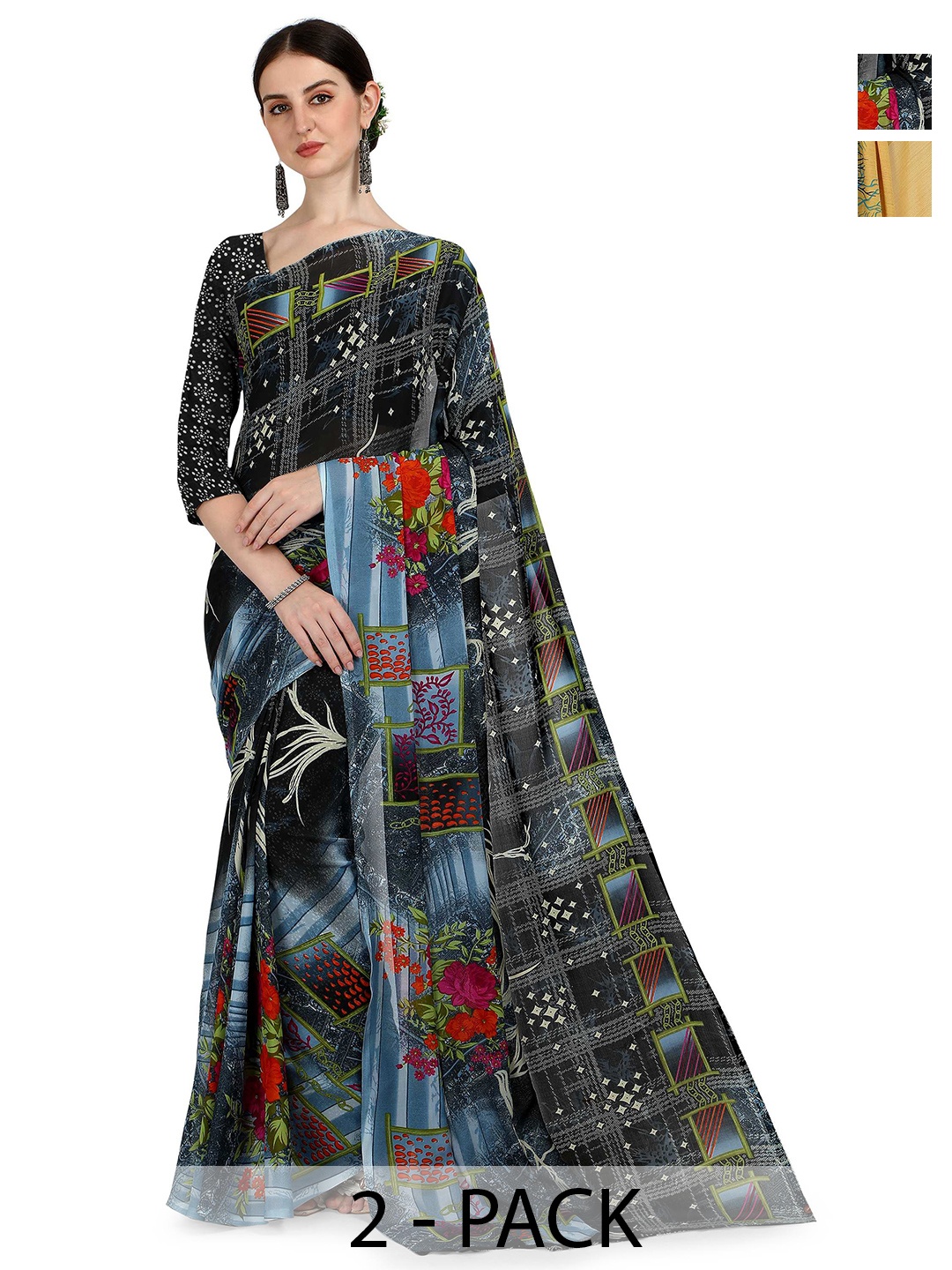 

ANAND SAREES Selection Of 2 Floral Printed Sarees, Black