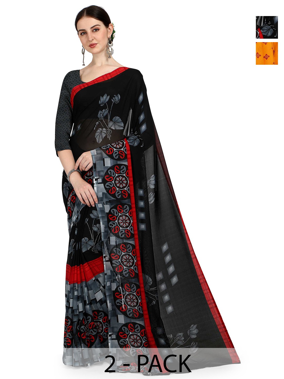 

ANAND SAREES Selection Of 2 Floral Printed Sarees, Black