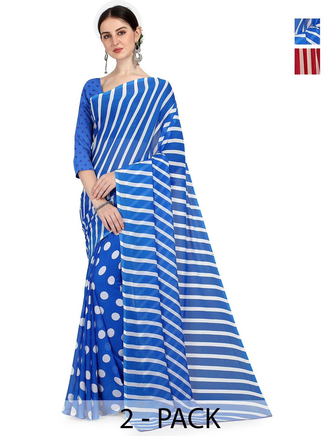 

ANAND SAREES Selection Of 2 Striped Sarees, Blue