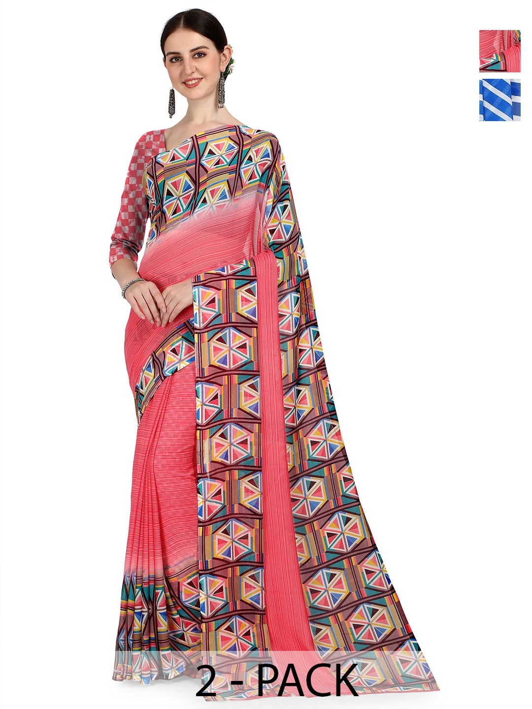 

ANAND SAREES Selection Of 2 Geometric Sarees, Blue
