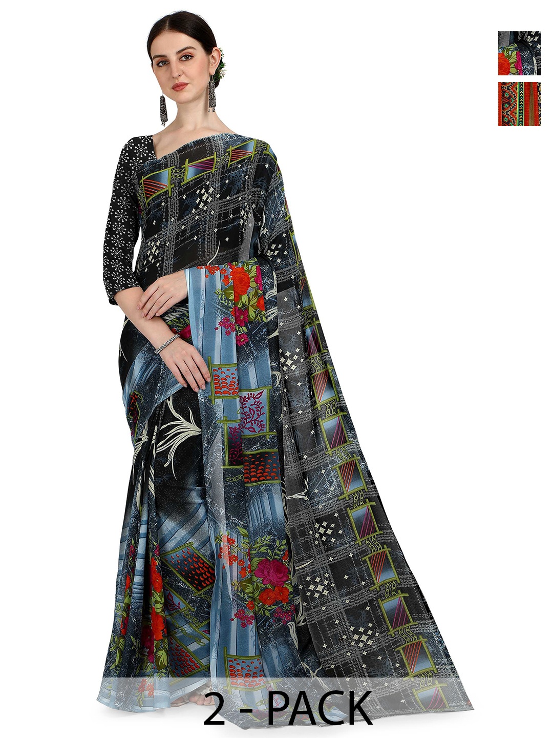 

ANAND SAREES Selection Of 2 Floral Printed Sarees, Black