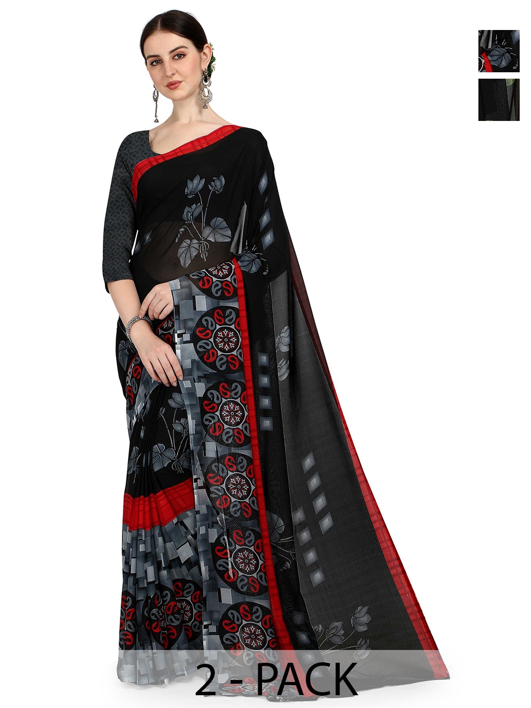 

ANAND SAREES Selection Of 2 Floral Printed Sarees, Black
