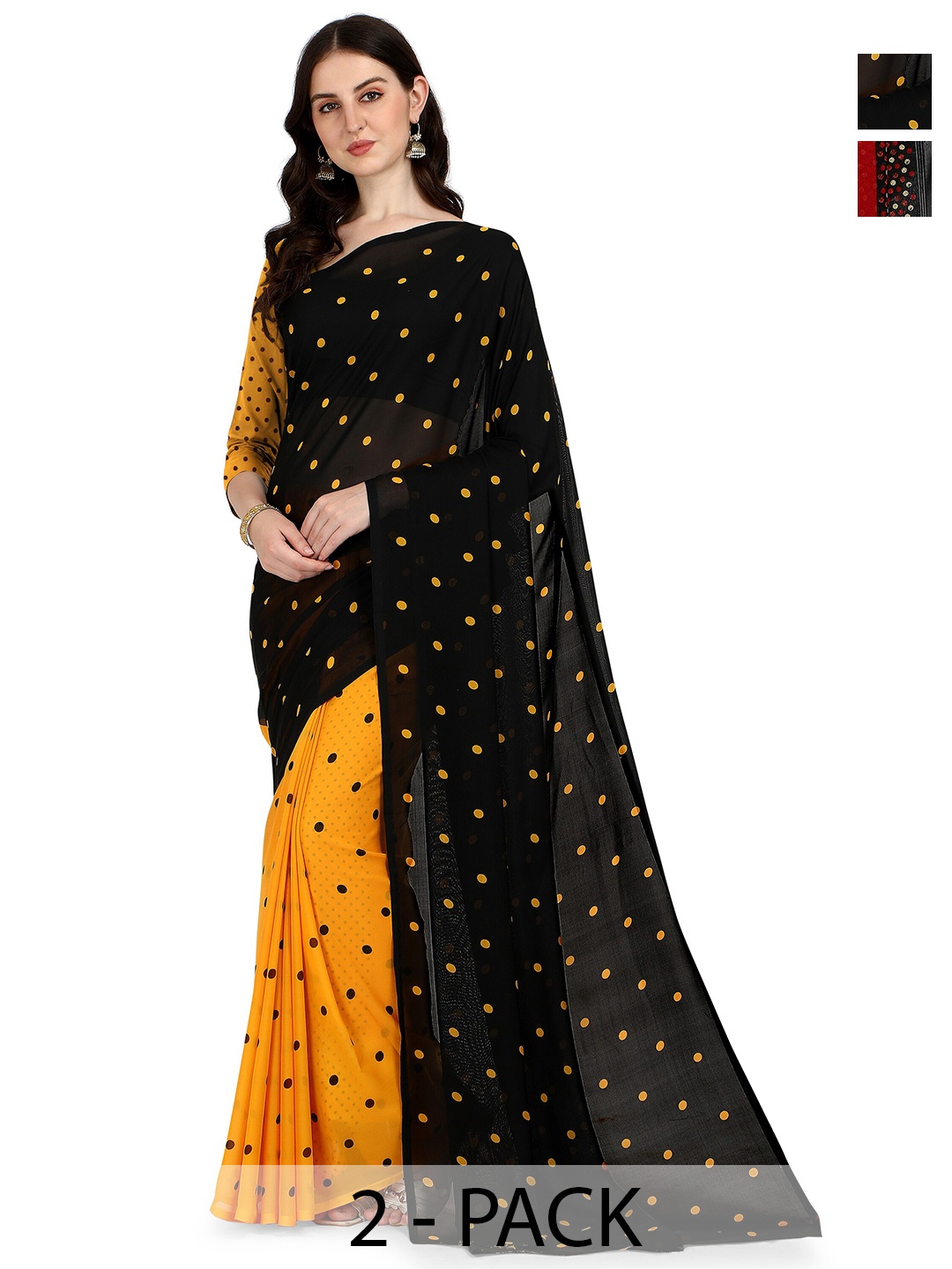 

ANAND SAREES Selection Of 2 Polka Dots Printed Sarees, Black