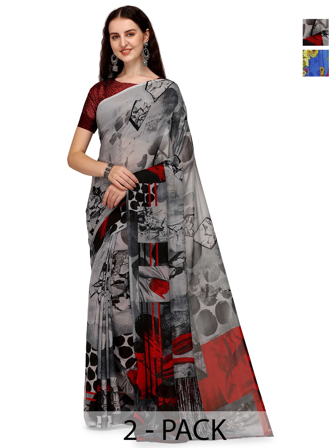 

ANAND SAREES Selection Of 2 Floral Printed Saree, Grey