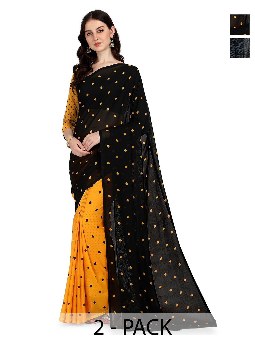 

ANAND SAREES Selection Of 2 Polka Dots Printed Sarees, Black