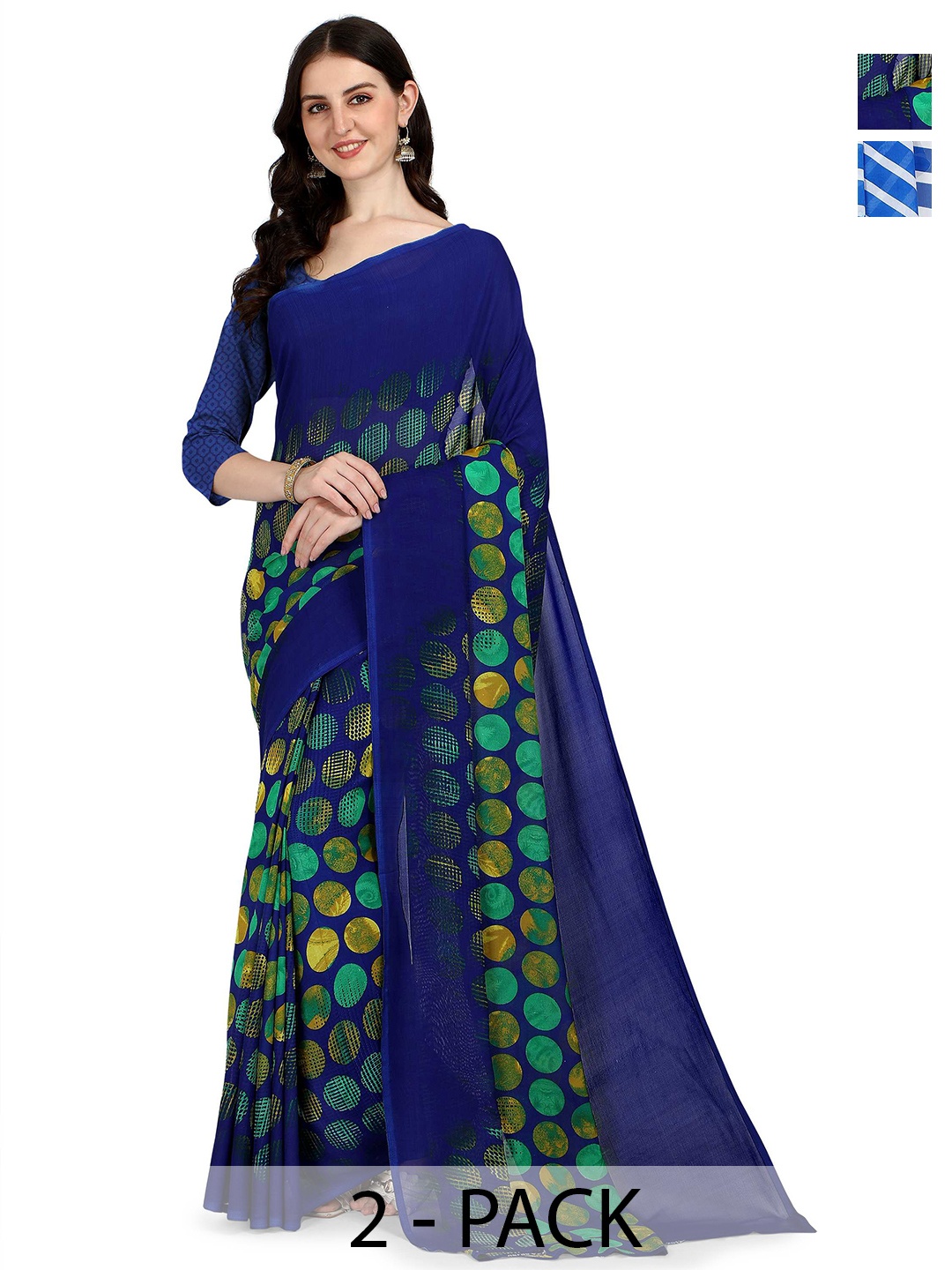

ANAND SAREES Selection Of 2 Polka Dot Printed Half and Half Sarees, Blue