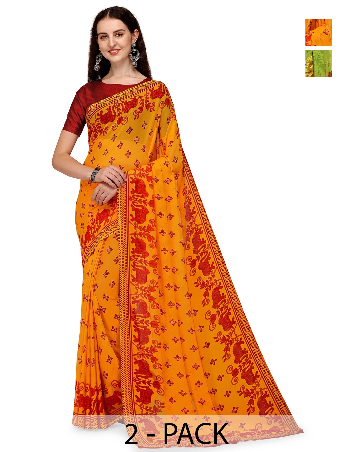 

ANAND SAREES Selection Of 2 Floral Printed Sarees, Green
