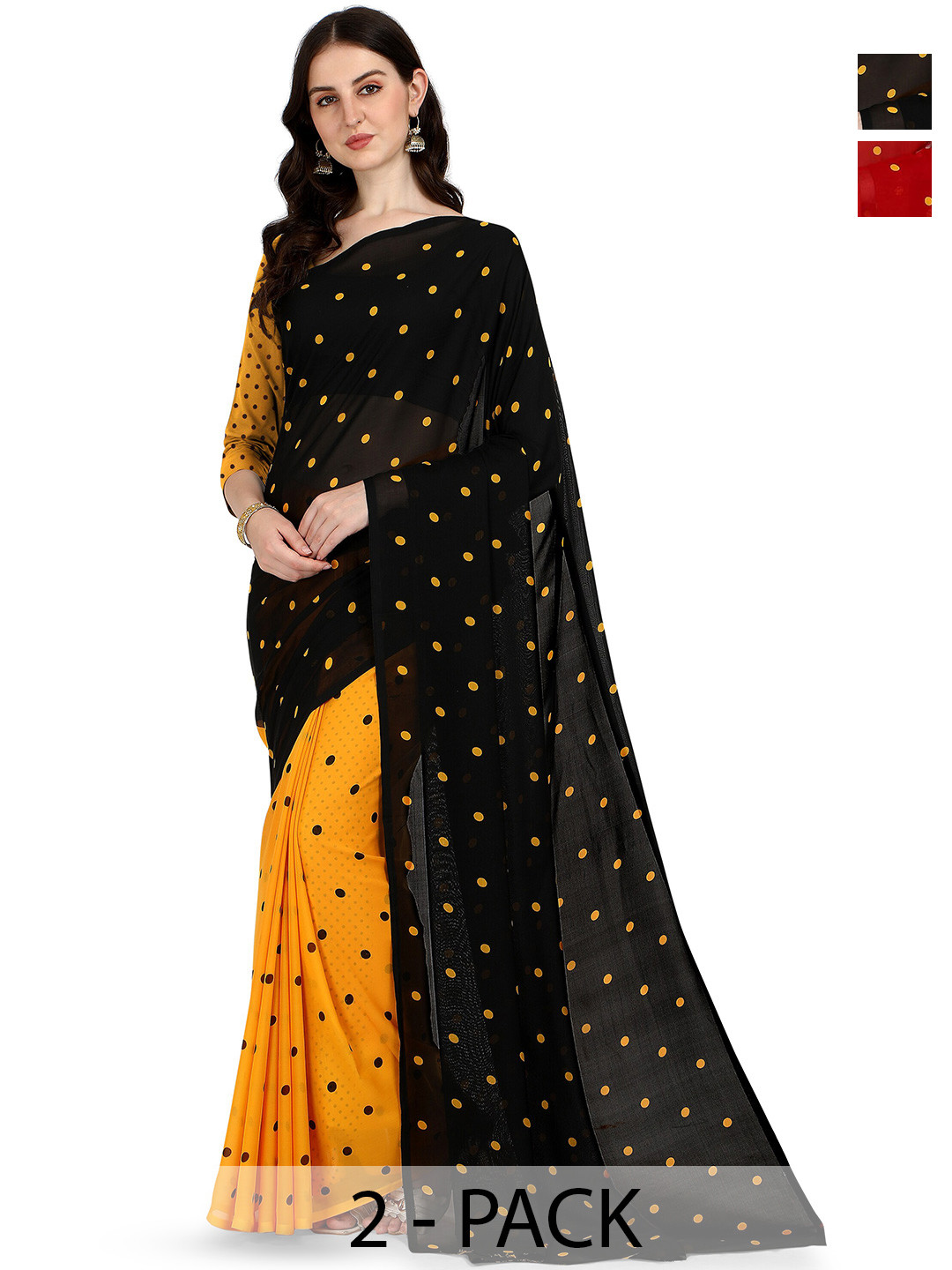 

ANAND SAREES Selection Of 2 Polka Dot Printed Sarees, Black