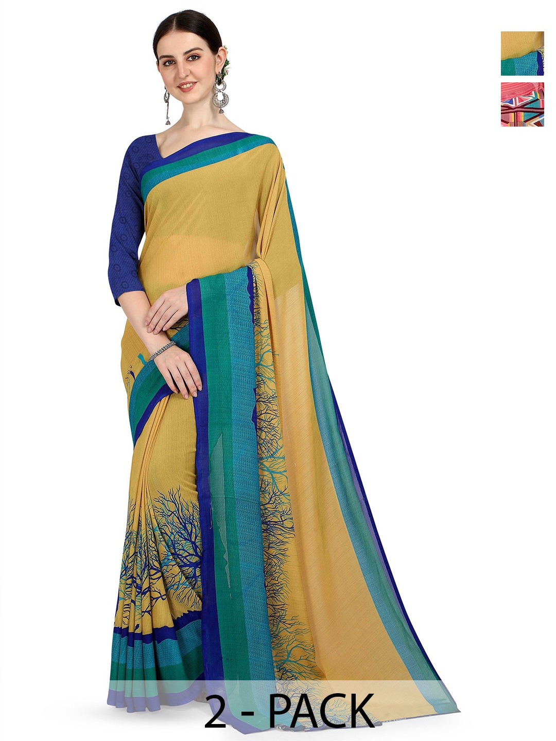 

ANAND SAREES Selection Of 2 Floral Printed Sarees, Yellow