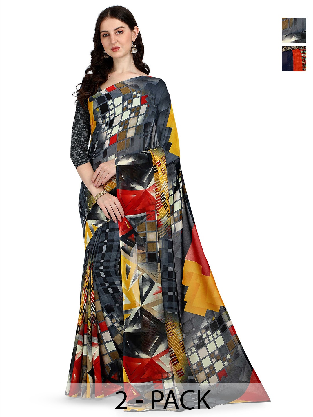 

ANAND SAREES Selection Of 2 Abstract Printed Sarees, Black