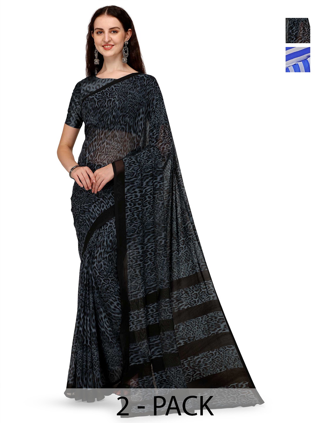 

ANAND SAREES Selection Of 2 Striped Sarees, Blue