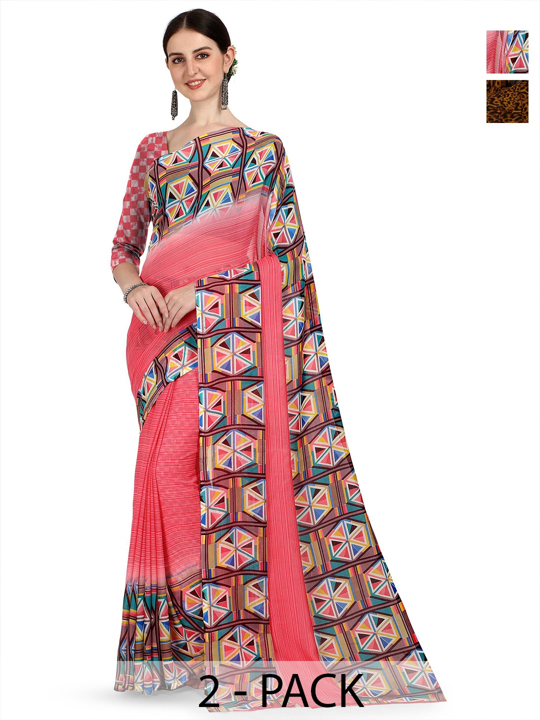 

ANAND SAREES Selection Of 2 Abstract Printed Sarees, Brown