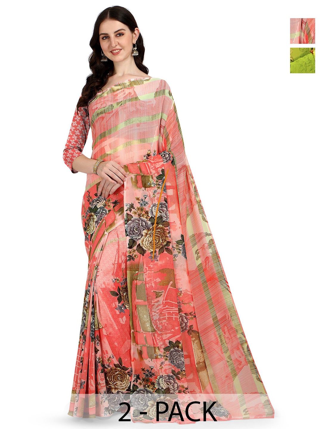 

ANAND SAREES Selection Of 2 Floral Printed Saree, Green