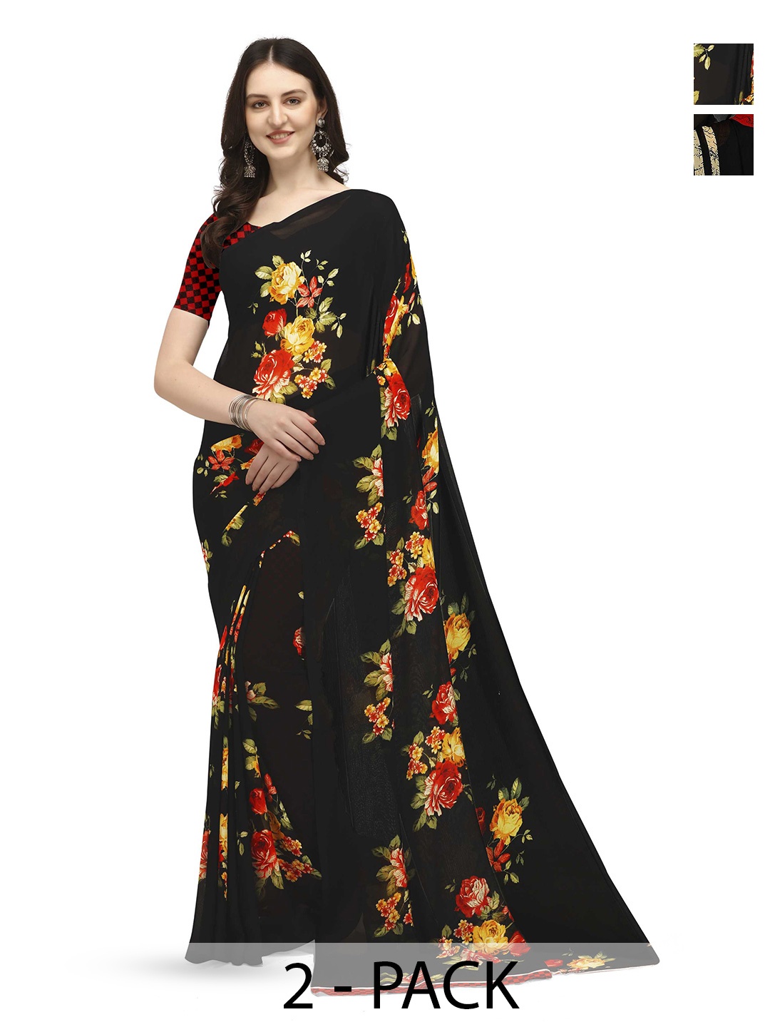 

ANAND SAREES Selection Of 2 Floral Printed Sarees, Black